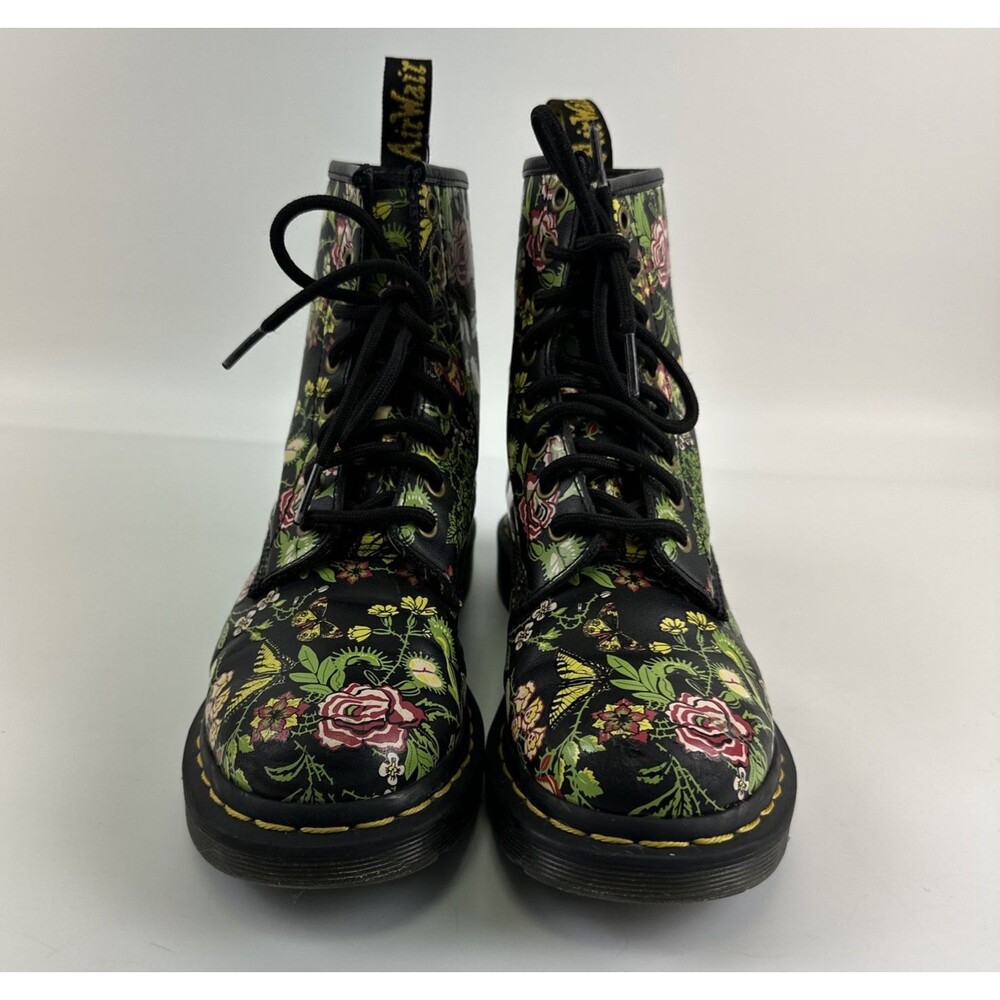 Dr Martens Floral Bloom Leather Combat Boot Lace Up Ankle Black Pink Womens 6 - Picture 3 of 13